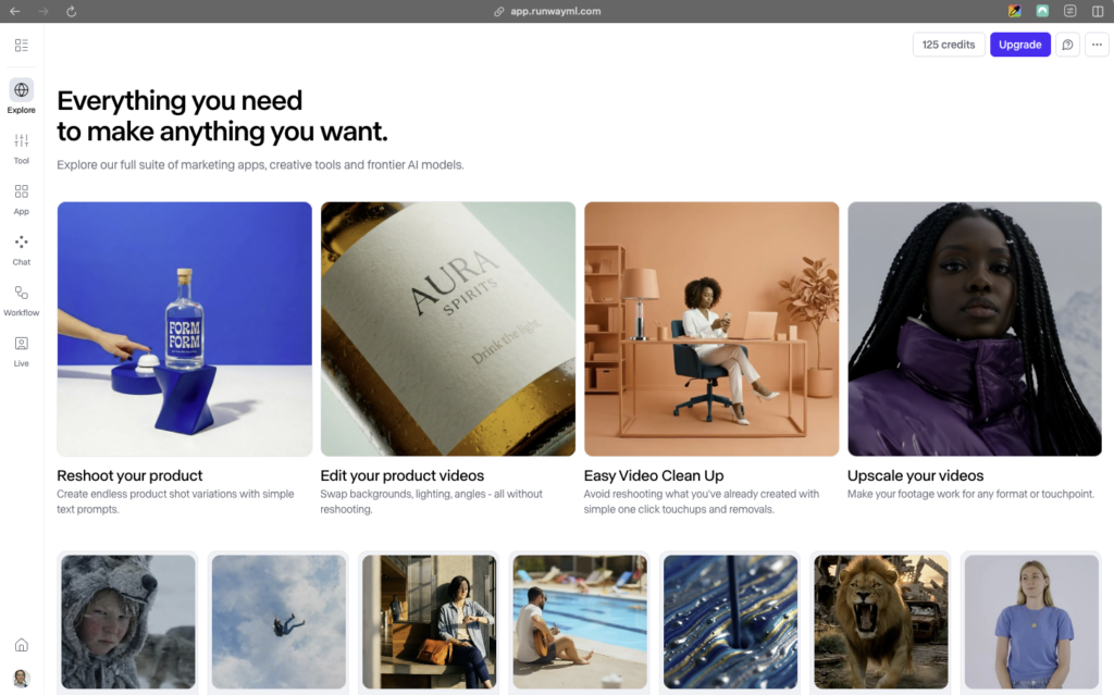 Screenshot of the Runway ML home screen with the tagline "Everything you need to make anything you want." Four featured use cases are displayed with preview images: Reshoot your product, Edit your product videos, Easy Video Clean Up, and Upscale your videos. A strip of AI-generated video thumbnails appears below.